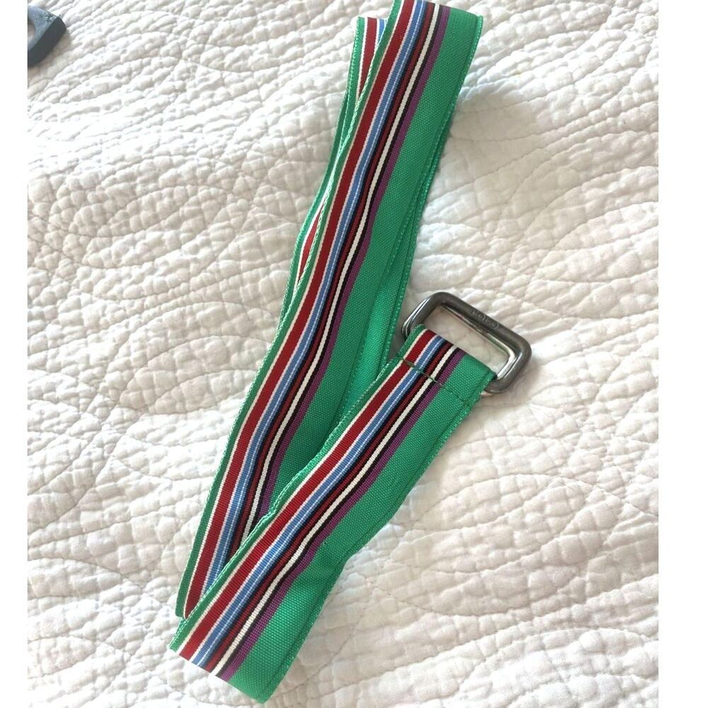 Polo Ralph Lauren Vintage Ribbon Belt Mens Striped Green Multi Double D-Ring XL